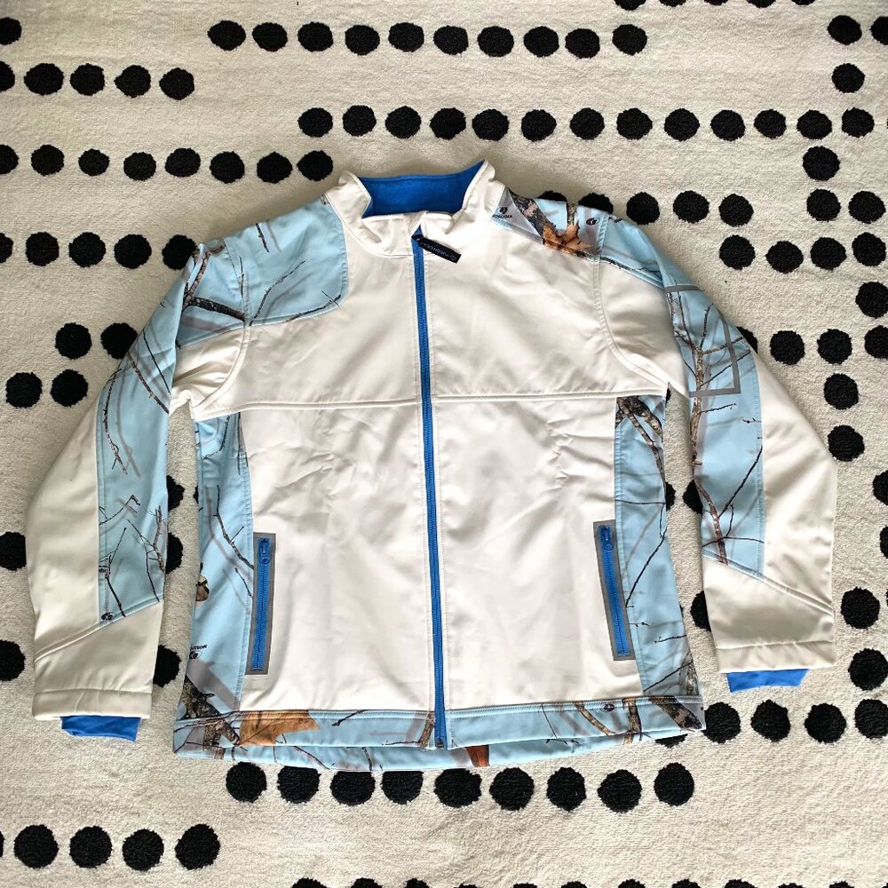 Yukon Gear Jacket Mossy Oak Blue White Camo Full Zip Fleece Lined Soft Shell
